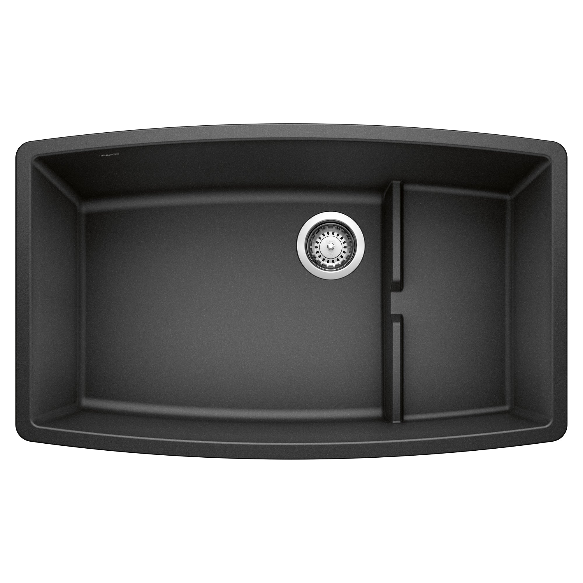 Black Silgranit undermount sink with single bowl, drain strainer, and curved interior walls, viewed from above.