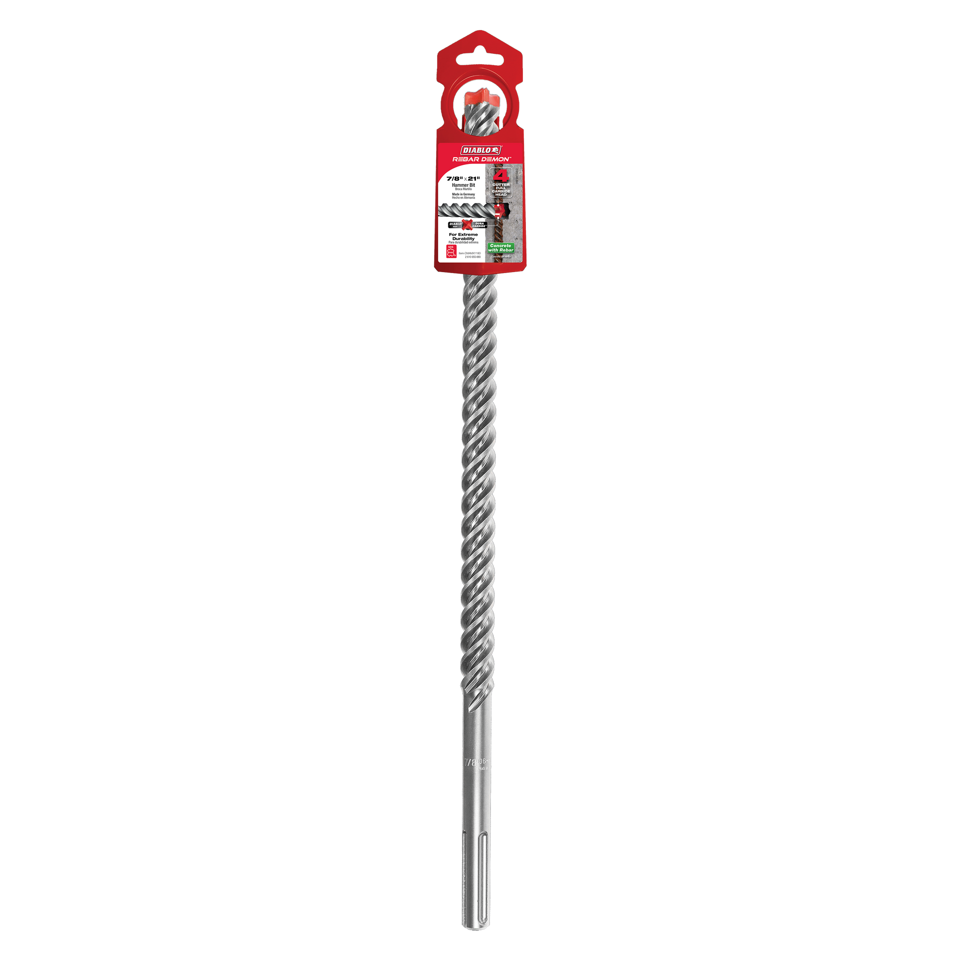 Gray carbide hammer drill bit with spiral flutes and SDS-Max shank, attached to red Diablo branded packaging at top.