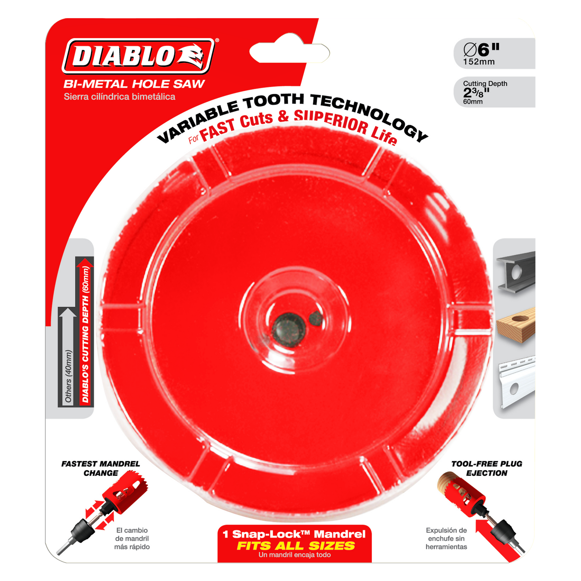 Red Diablo bi-metal hole saw with variable tooth technology and snap-lock mandrel on packaging.