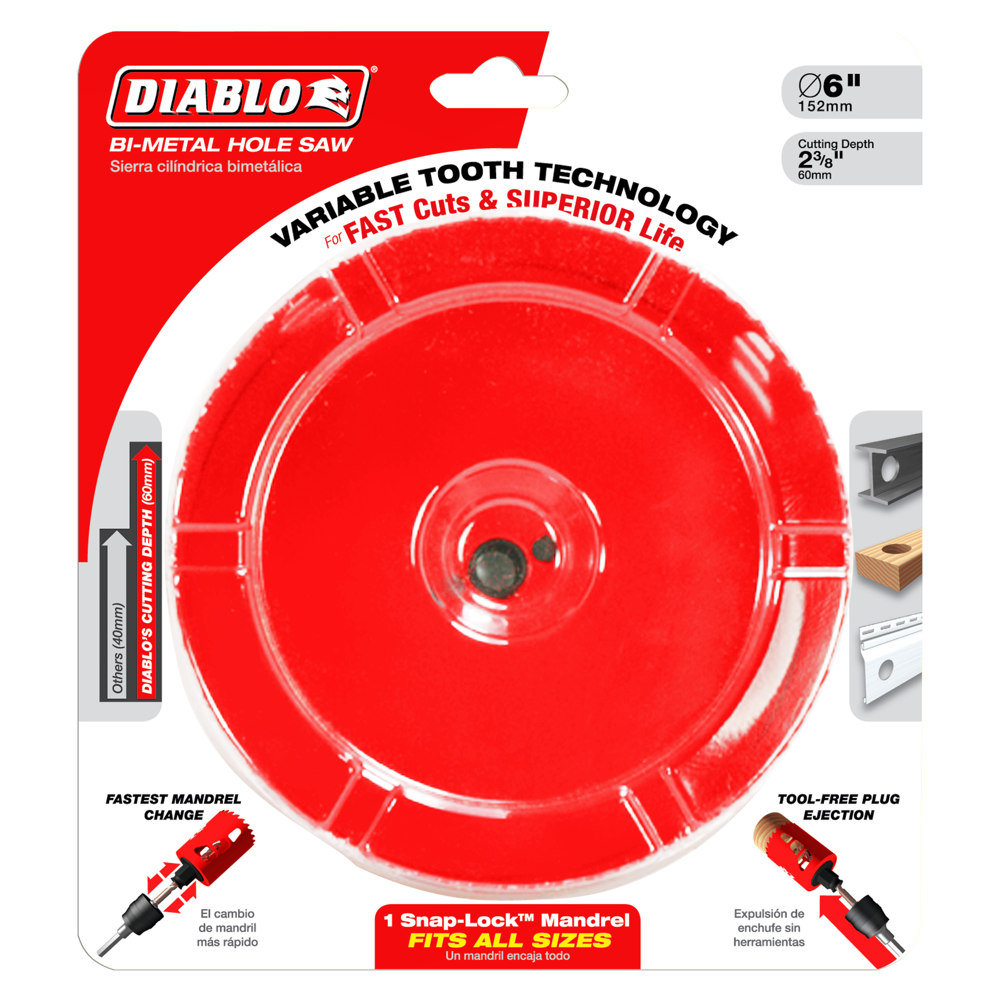 Red Diablo bi-metal hole saw with variable tooth technology and snap-lock mandrel on packaging.