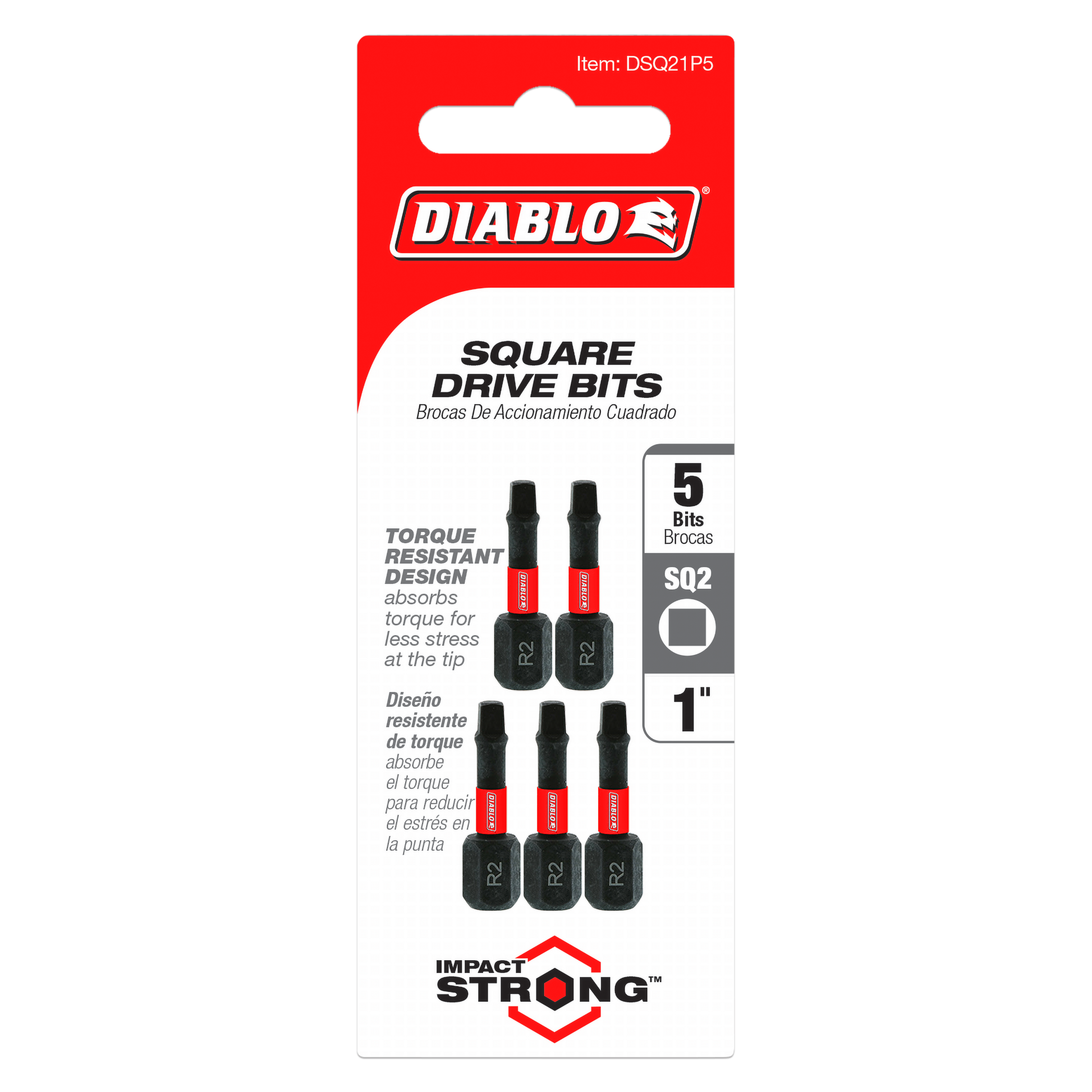 Five black and red square drive bits, 1 inch length, #2 size, in retail packaging.