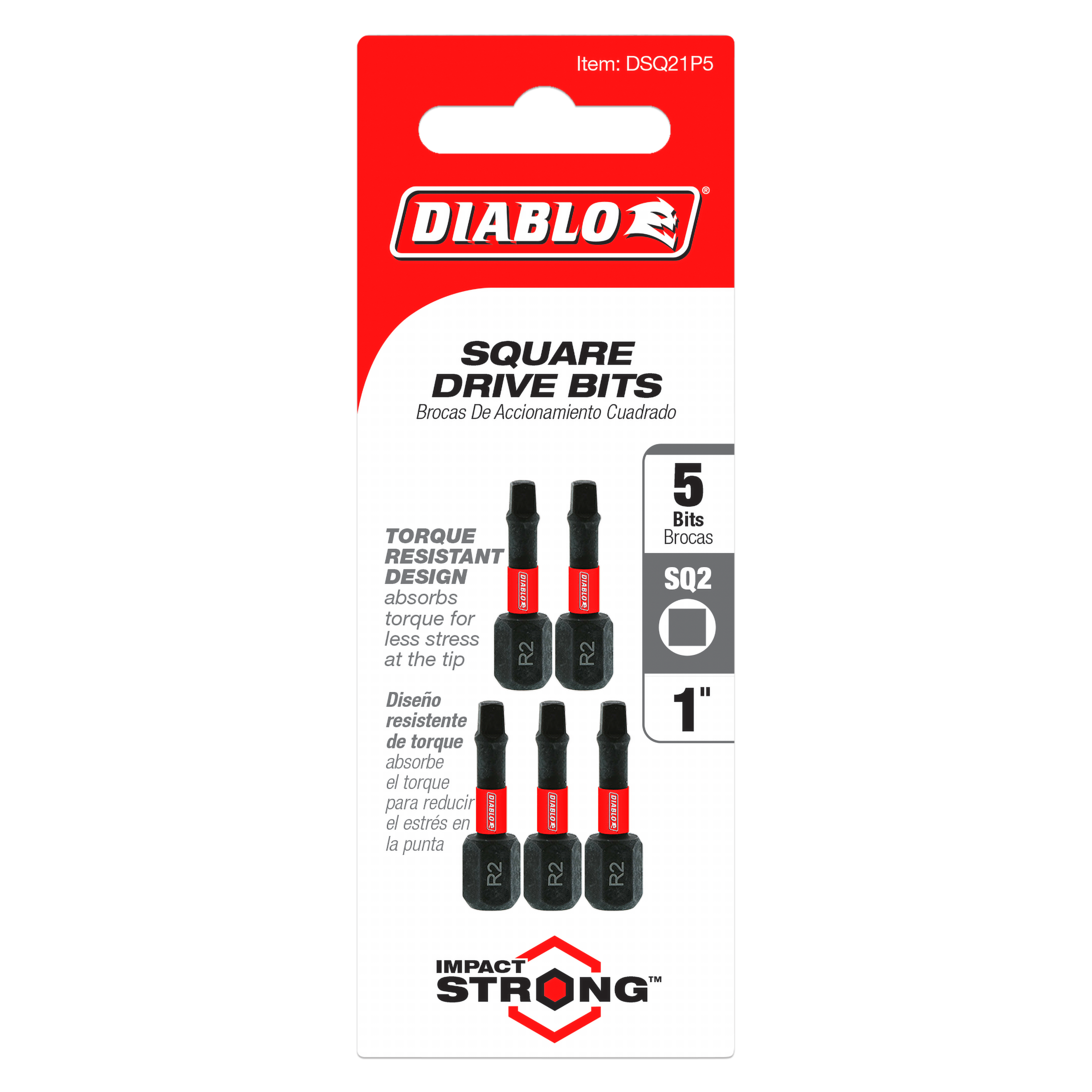 Five black and red square drive bits, 1 inch length, #2 size, in retail packaging.