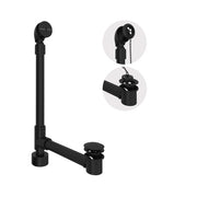 Black freestanding bathtub drain assembly with vertical pipe, horizontal outlet, and chain-controlled stopper mechanism.