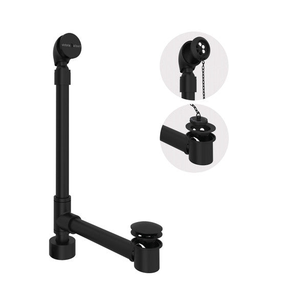 Black freestanding bathtub drain assembly with vertical pipe, horizontal outlet, and chain-controlled stopper mechanism.