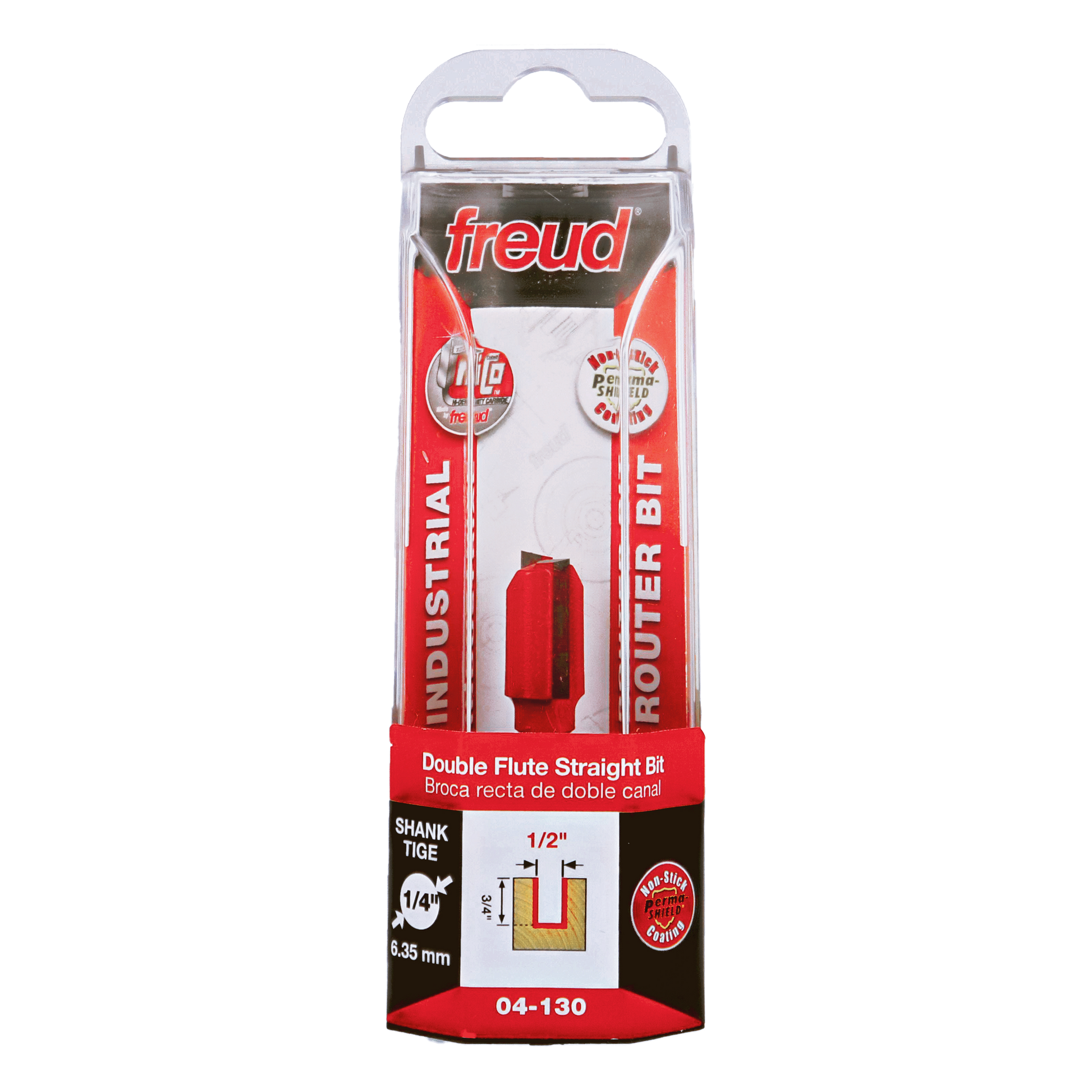Red router bit with 1/2" diameter double flute cutting head and 1/4" shank in clear plastic clamshell packaging.