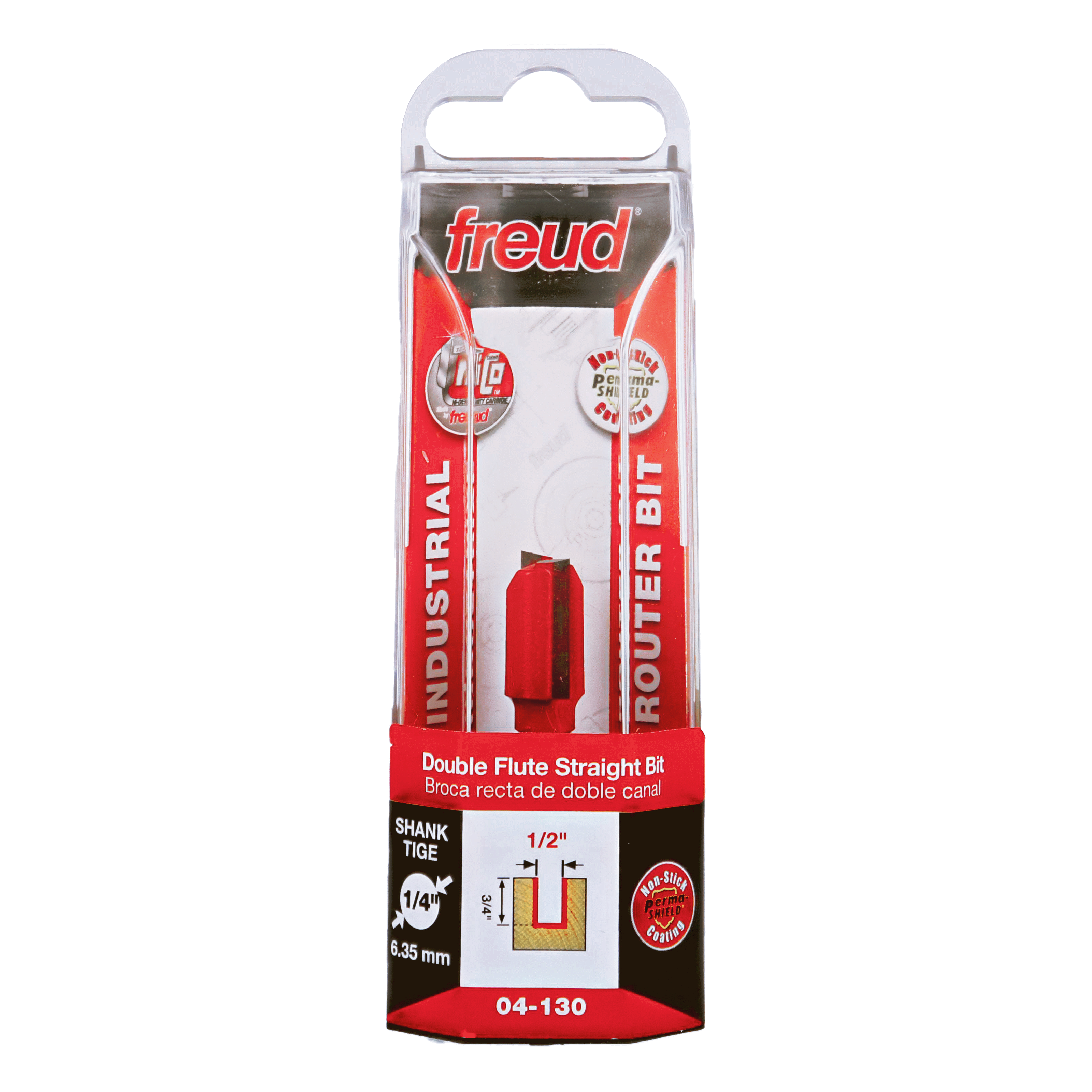 Red router bit with 1/2" diameter double flute cutting head and 1/4" shank in clear plastic clamshell packaging.