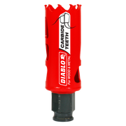 Red Diablo carbide-tipped holesaw with black shank and jagged cutting edge for wood and metal.