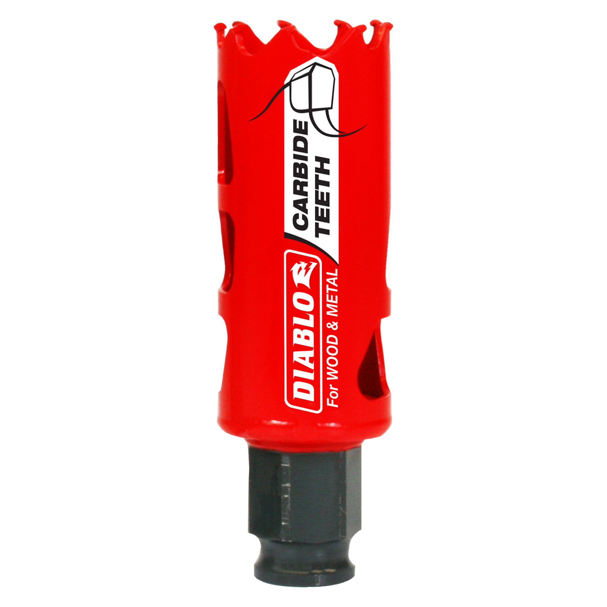 Red Diablo carbide-tipped holesaw with black shank and jagged cutting edge for wood and metal.