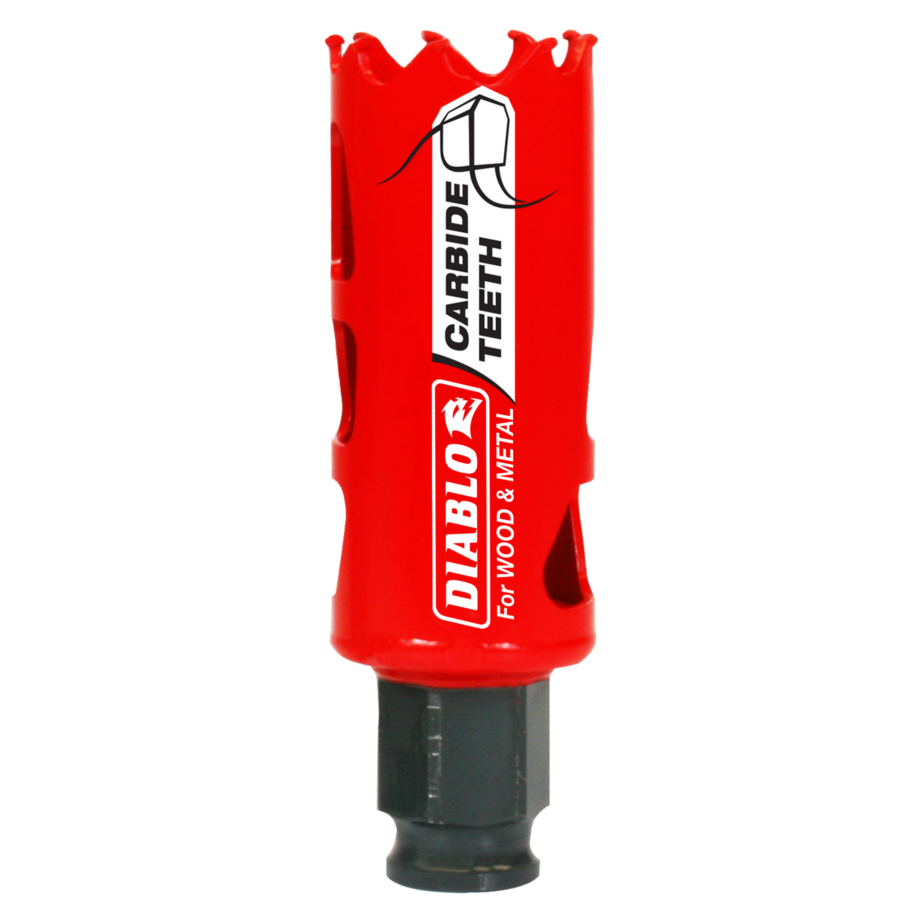 Red Diablo carbide-tipped holesaw with black shank and jagged cutting edge for wood and metal.
