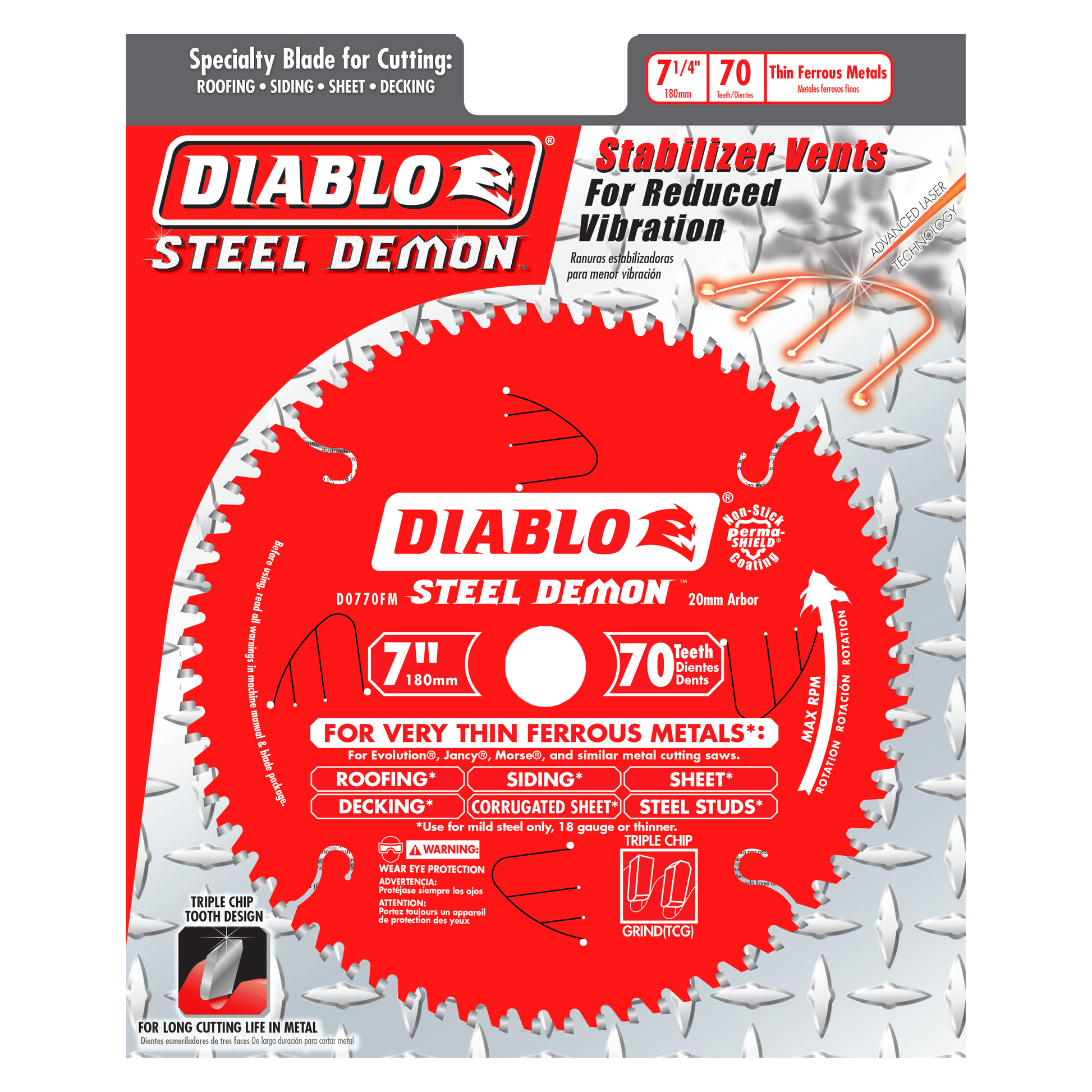 Diablo Steel Demon 7-inch carbide-tipped circular saw blade with 70 teeth and 20mm arbor hole on red packaging.