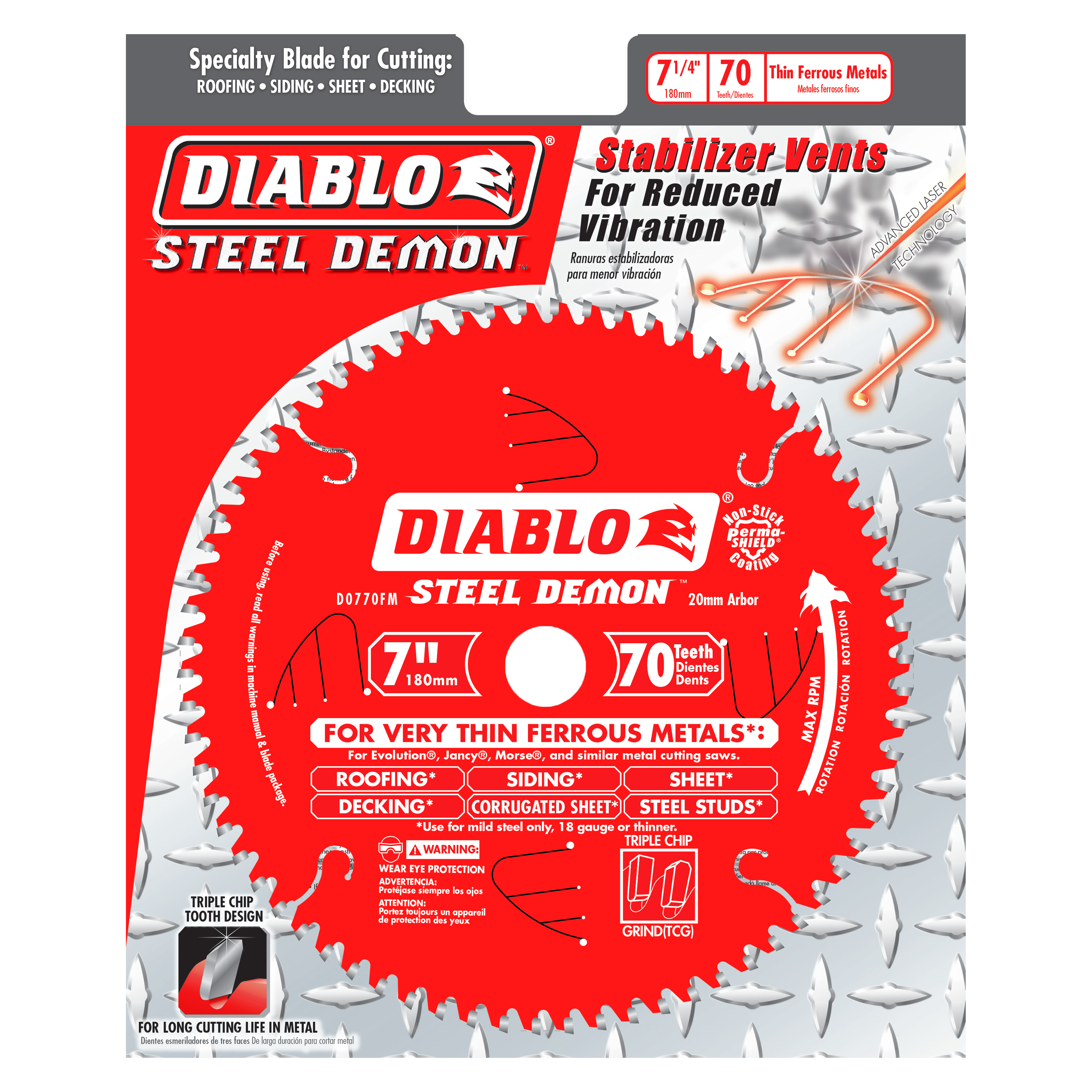 Diablo Steel Demon 7-inch carbide-tipped circular saw blade with 70 teeth and 20mm arbor hole on red packaging.