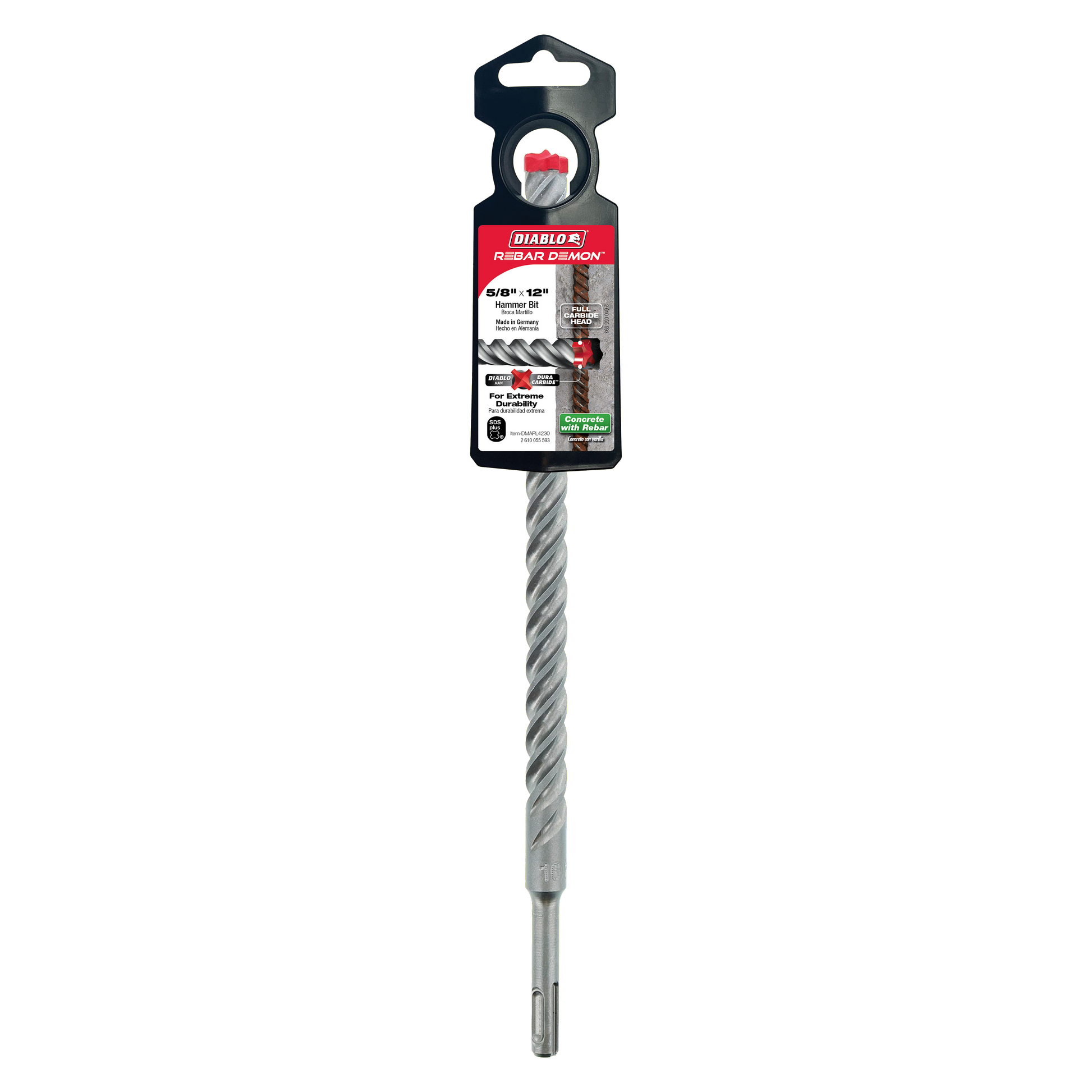 Diablo 5/8 inch SDS-Plus hammer drill bit with carbide head and black packaging, 10 inch length.