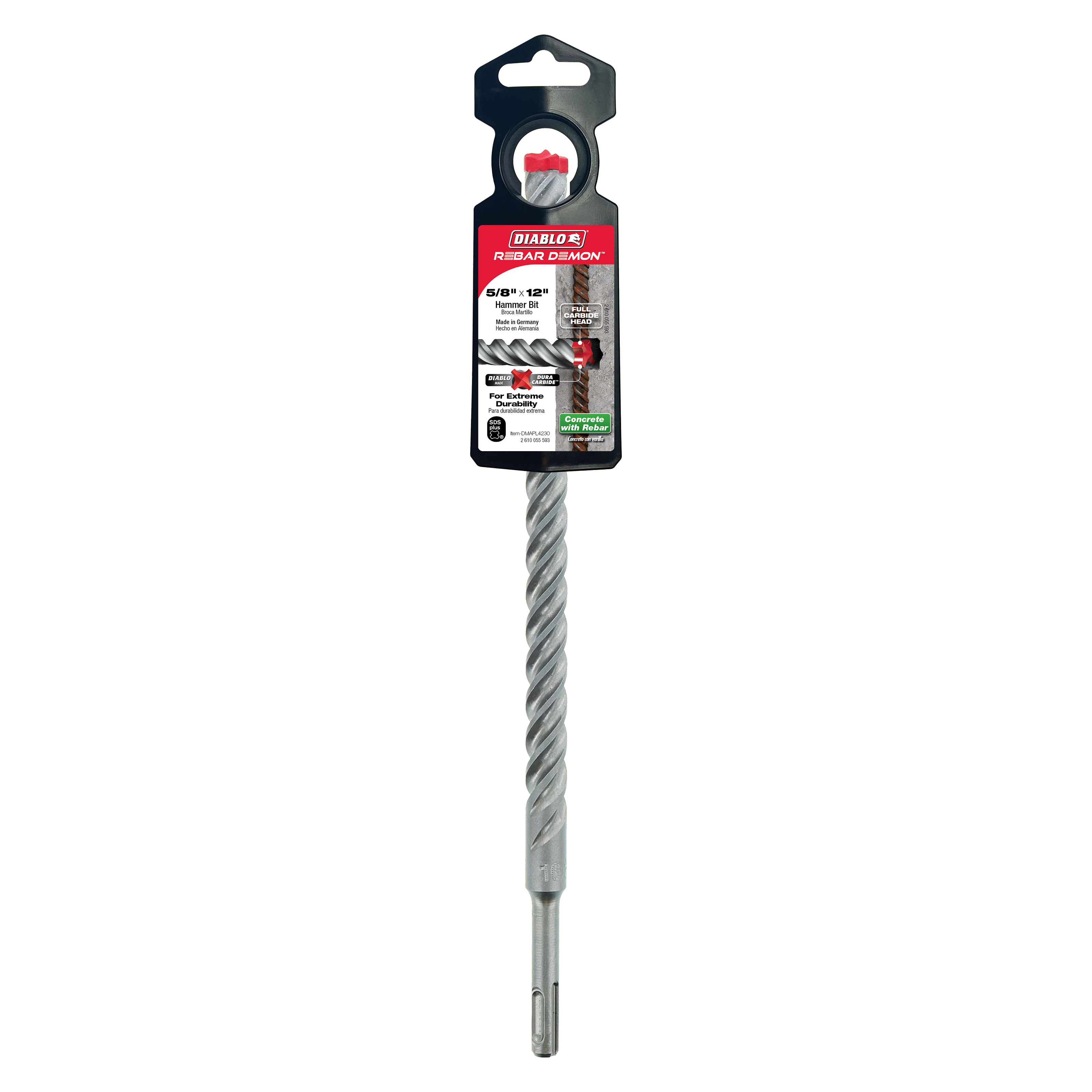 Diablo 5/8 inch SDS-Plus hammer drill bit with carbide head and black packaging, 10 inch length.