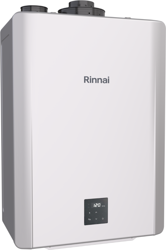 White rectangular Rinnai tankless water heater with digital control panel and dual exhaust vents on top.