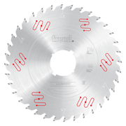 Freud circular saw blade with 355mm diameter, carbide teeth, and center arbor hole marked with red thermal relief symbols.