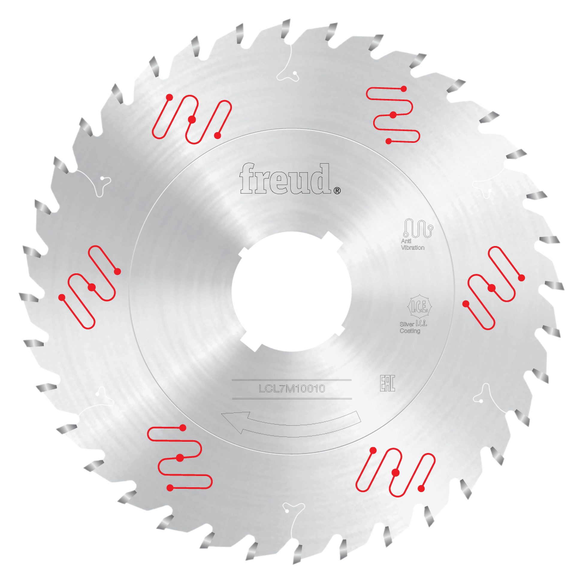 Freud circular saw blade with 355mm diameter, carbide teeth, and center arbor hole marked with red thermal relief symbols.