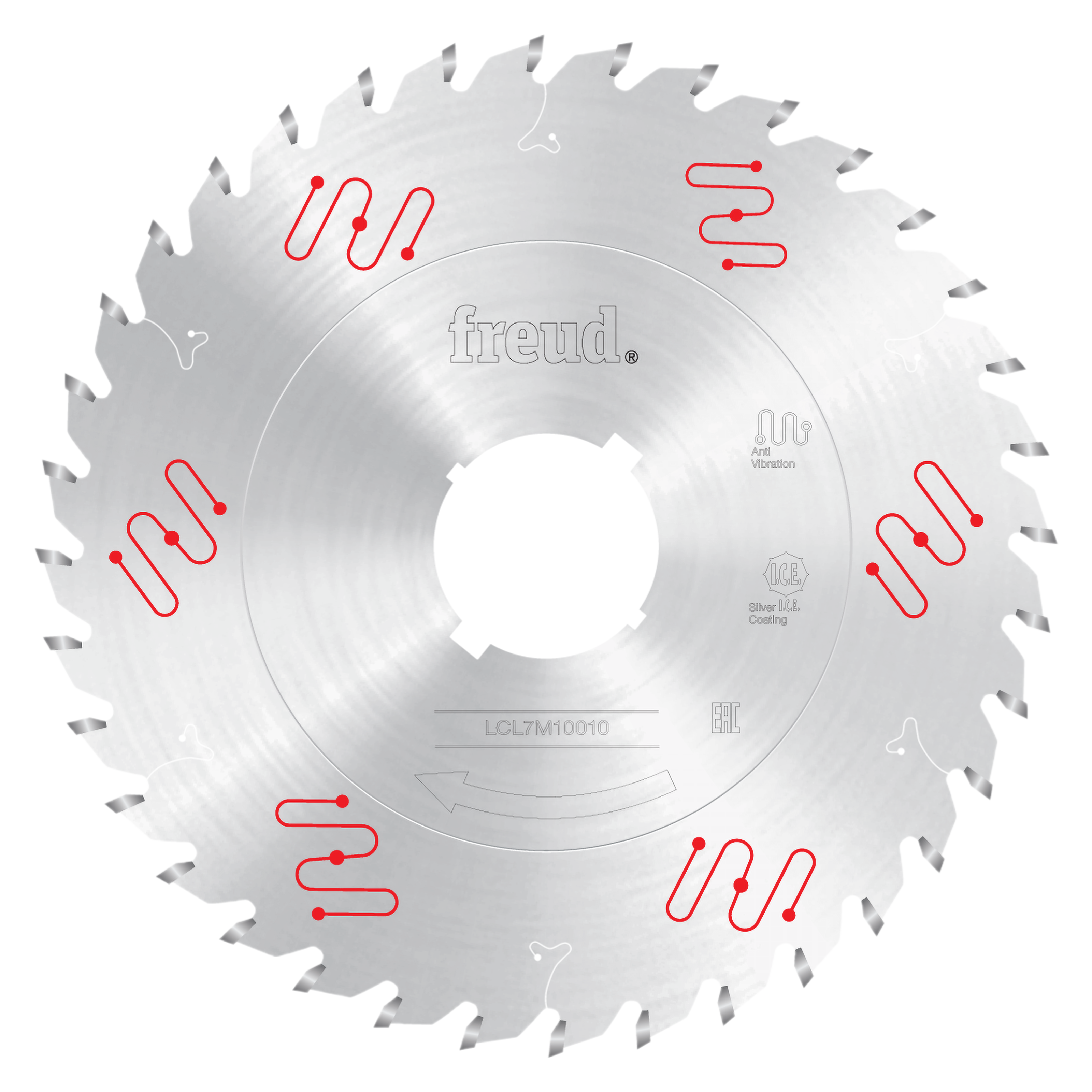 Freud circular saw blade with 355mm diameter, carbide teeth, and center arbor hole marked with red thermal relief symbols.