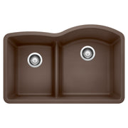 Cafe brown undermount kitchen sink with two unequal basins divided by low center partition and chrome drain strainers.