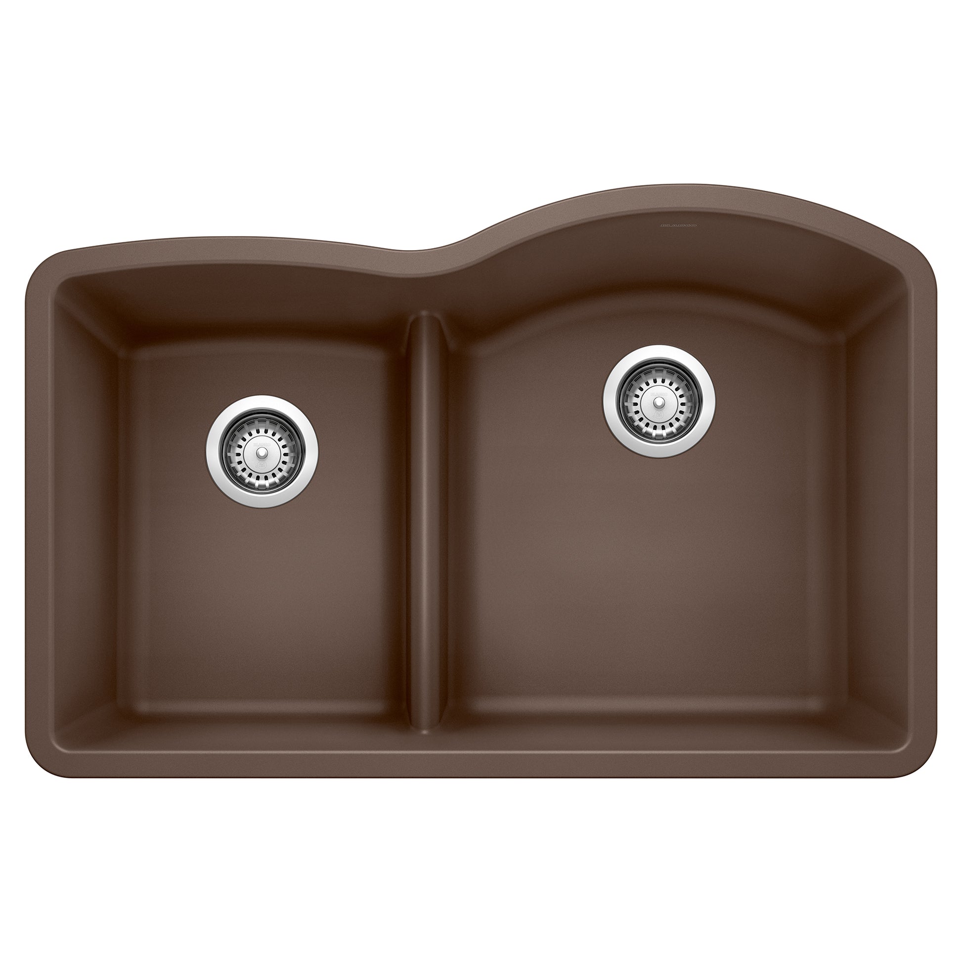 Cafe brown undermount kitchen sink with two unequal basins divided by low center partition and chrome drain strainers.