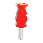 Red and gray crown molding router bit with curved cutting edges and metal shank.
