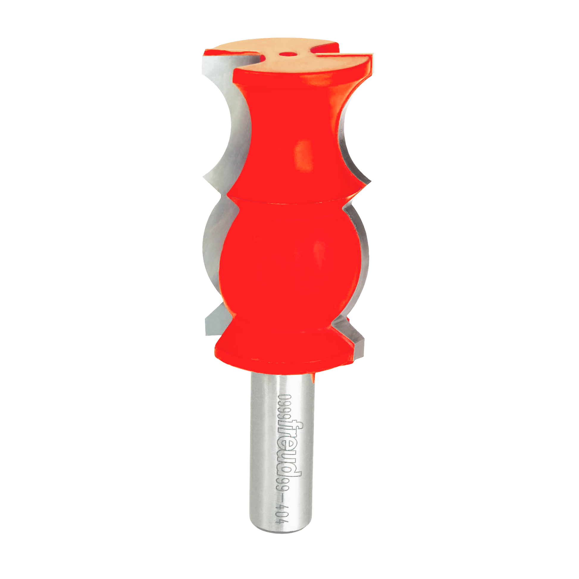 Red and gray crown molding router bit with curved cutting edges and metal shank.