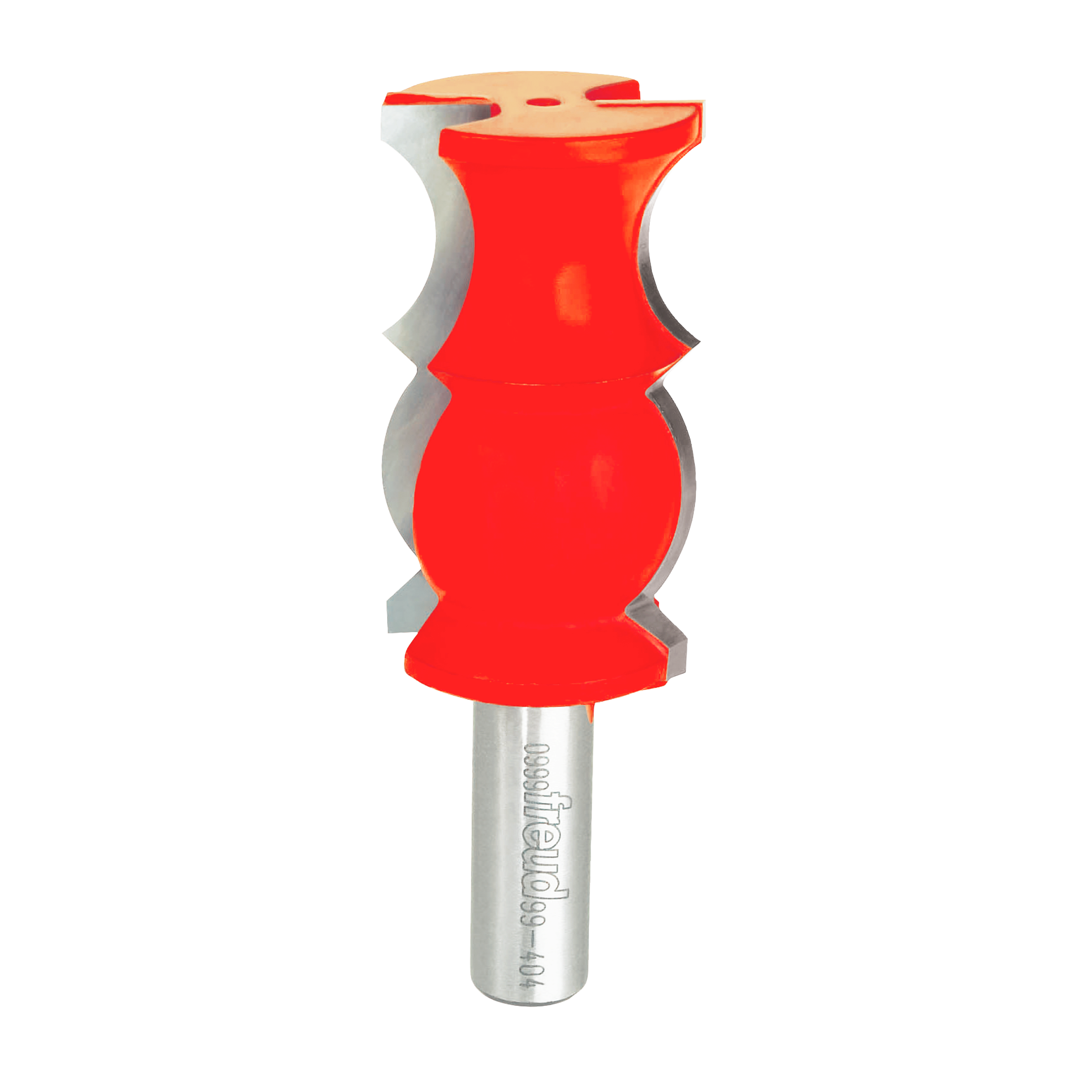 Red and gray crown molding router bit with curved cutting edges and metal shank.