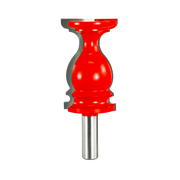 Red and gray chair rail router bit with decorative curved profile and metal shank.