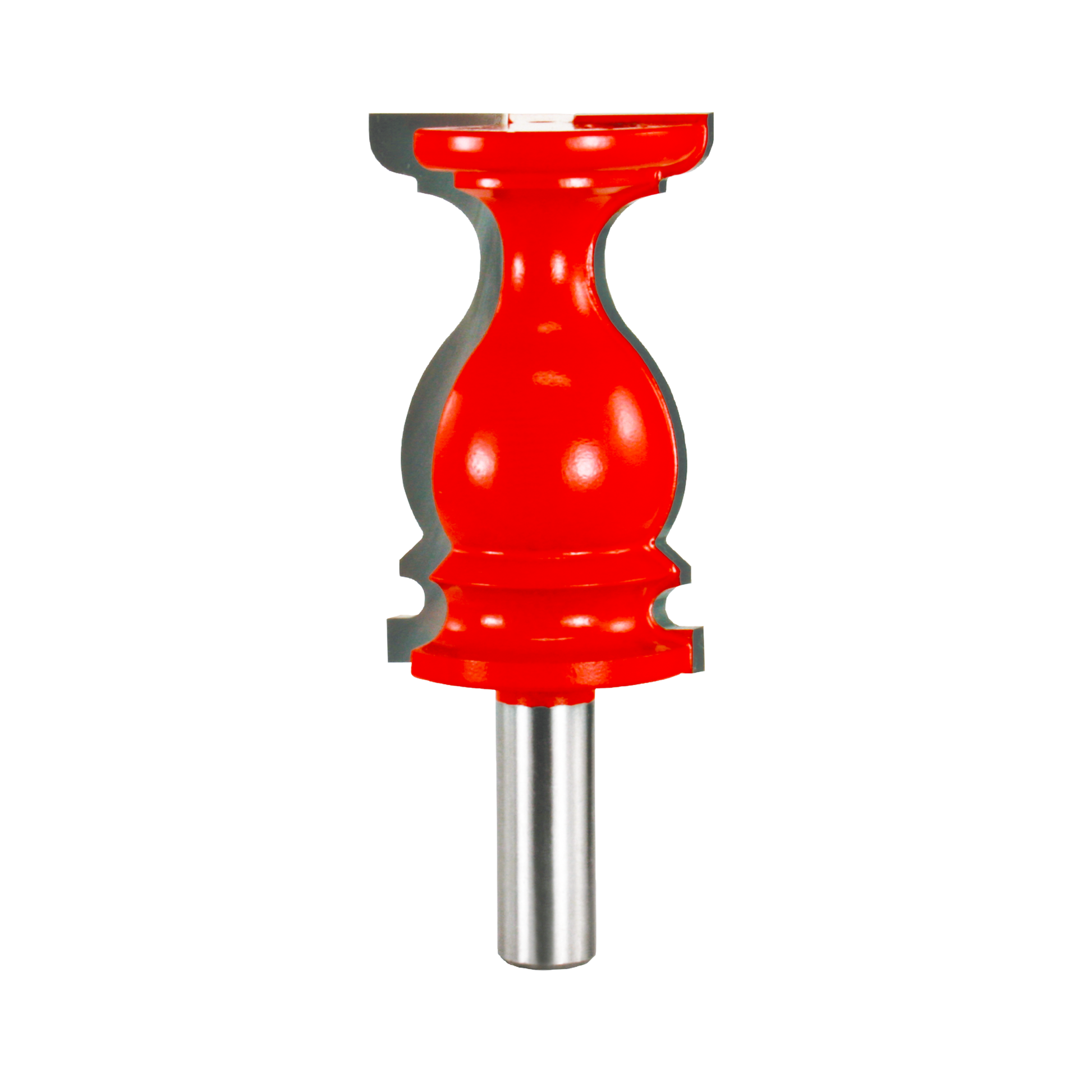 Red and gray chair rail router bit with decorative curved profile and metal shank.
