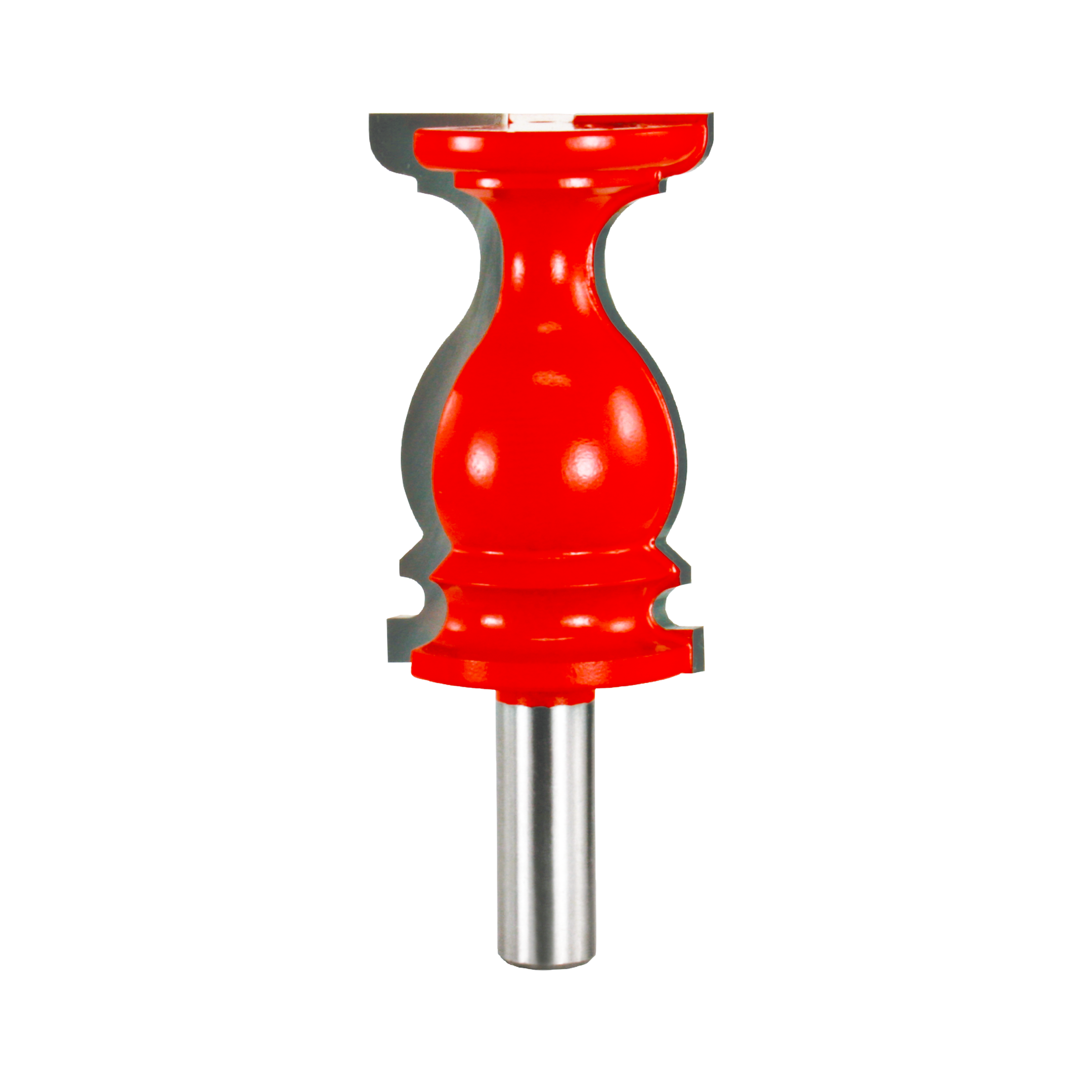 Red and gray chair rail router bit with decorative curved profile and metal shank.
