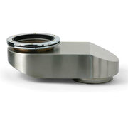 Stainless steel offset chute with chrome-rimmed circular opening on left side.