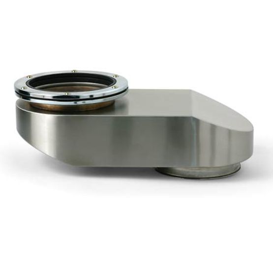 Stainless steel offset chute with chrome-rimmed circular opening on left side.