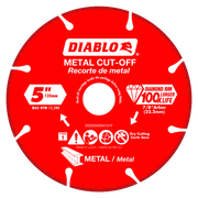 Red circular diamond metal cut-off blade with white Diablo branding, 5 inch diameter, 7/8 inch arbor hole.
