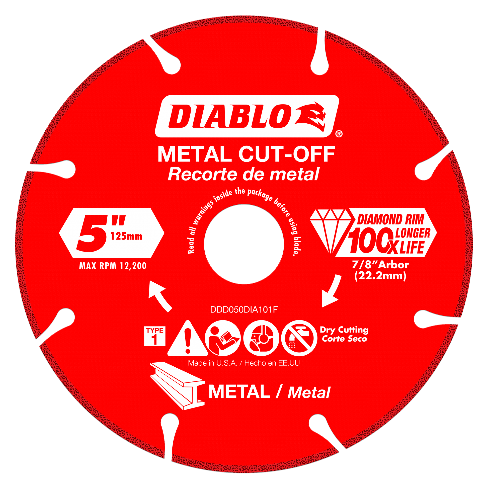 Red circular diamond metal cut-off blade with white Diablo branding, 5 inch diameter, 7/8 inch arbor hole.