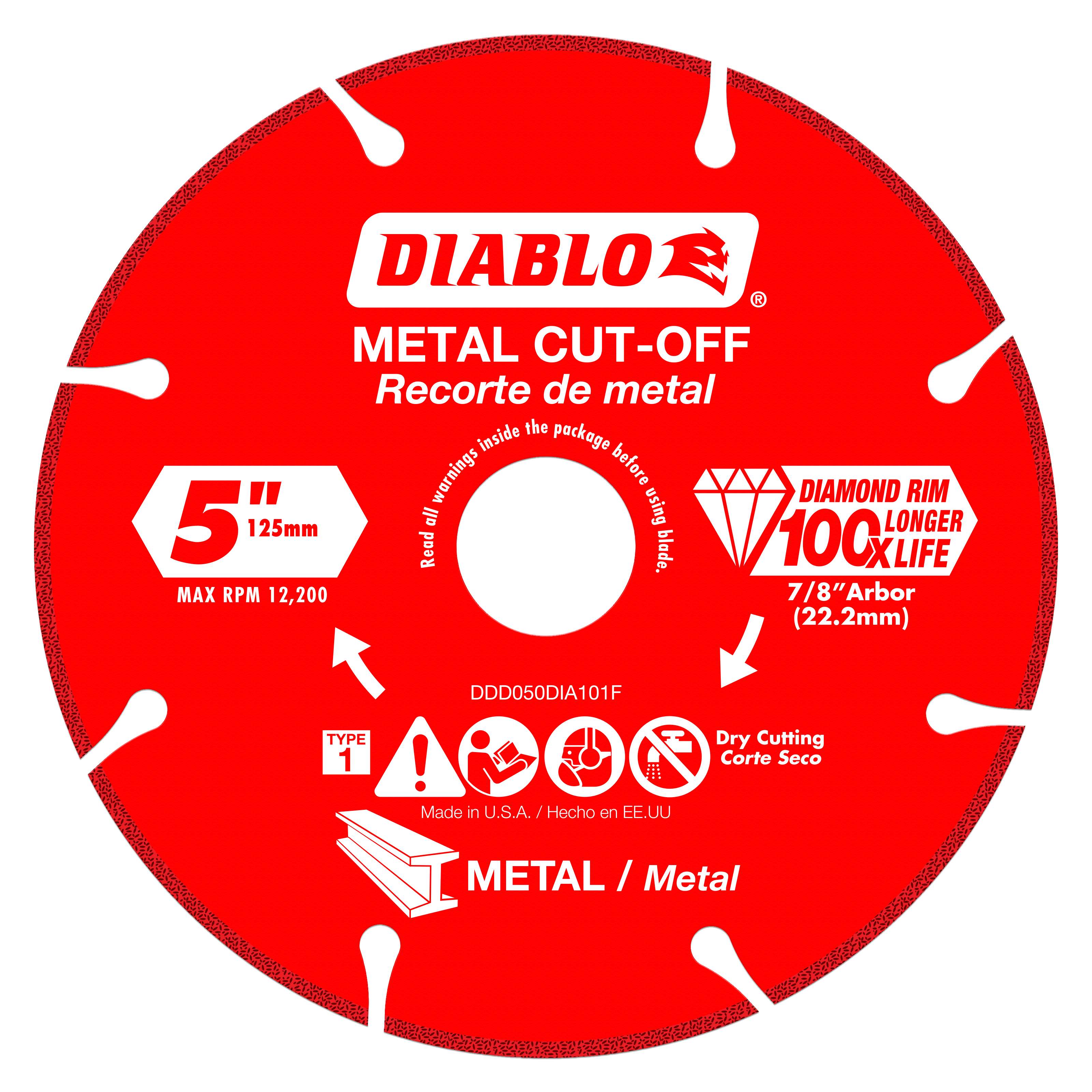 Red circular diamond metal cut-off blade with white Diablo branding, 5 inch diameter, 7/8 inch arbor hole.