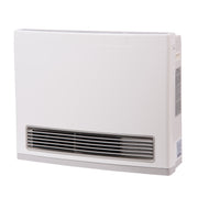 White rectangular Rinnai FC Series convection heater with horizontal vent grille and side control panel.