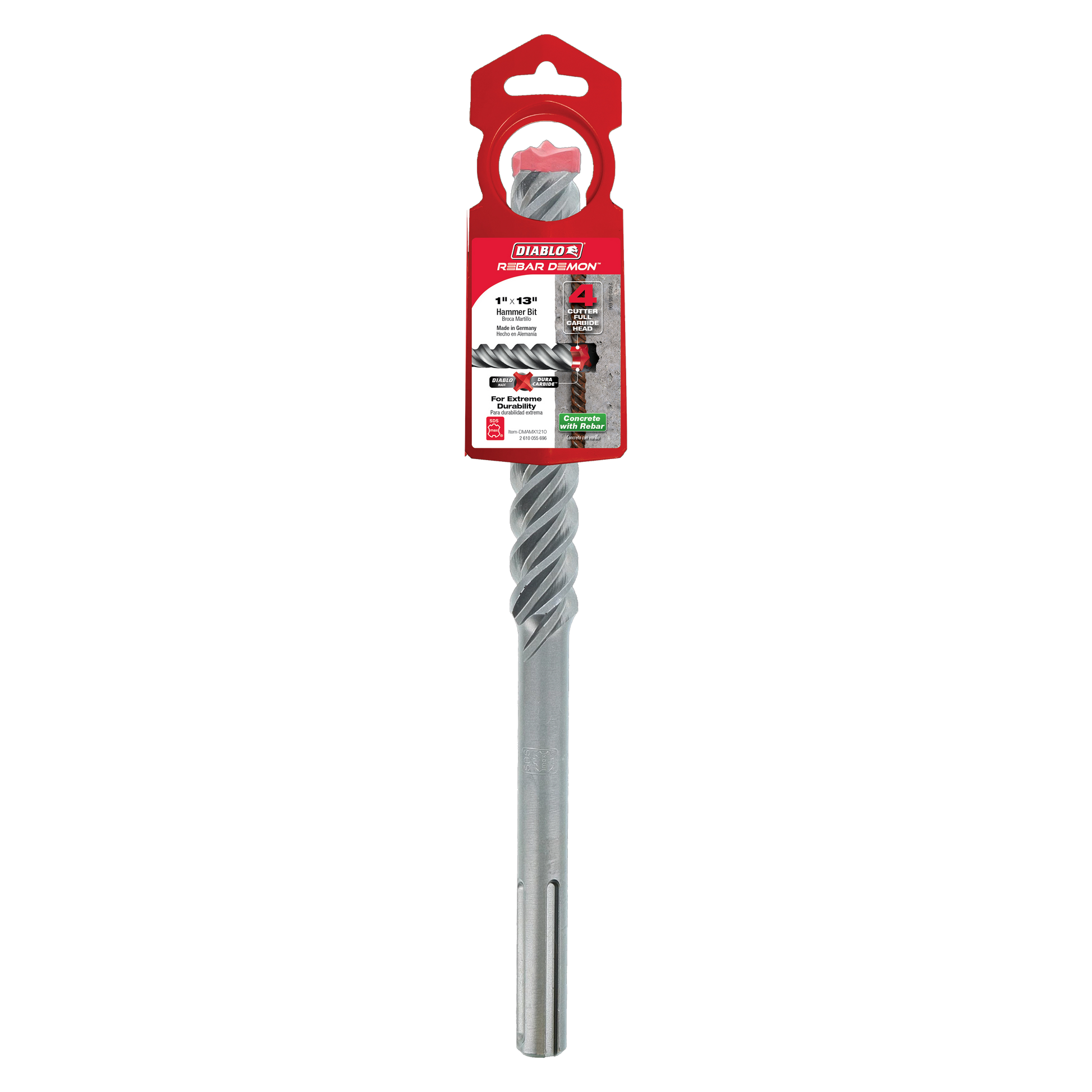 Diablo SDS-Max hammer drill bit with spiral flutes and carbide cutting head in red packaging.