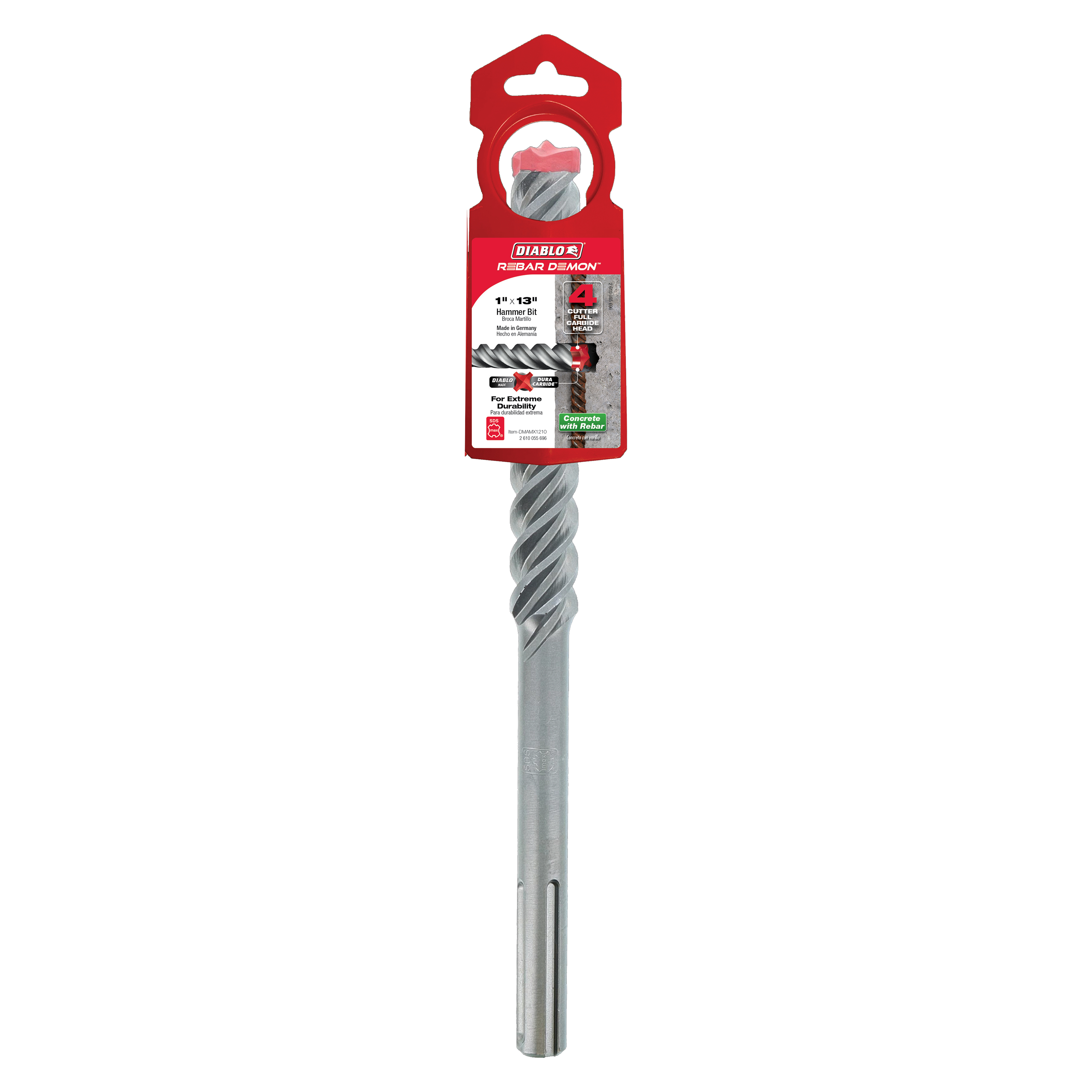 Diablo SDS-Max hammer drill bit with spiral flutes and carbide cutting head in red packaging.