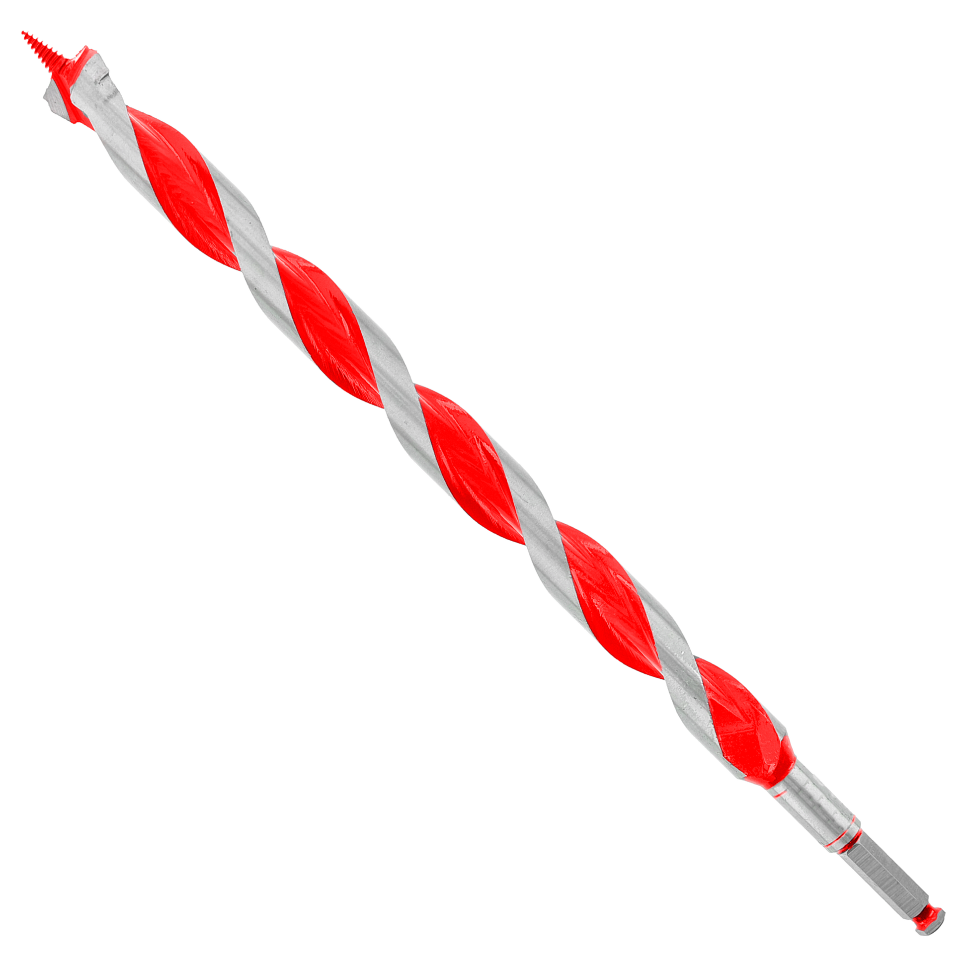 Auger bit with red and gray twisted flutes, pointed tip, and cylindrical shank against white background.