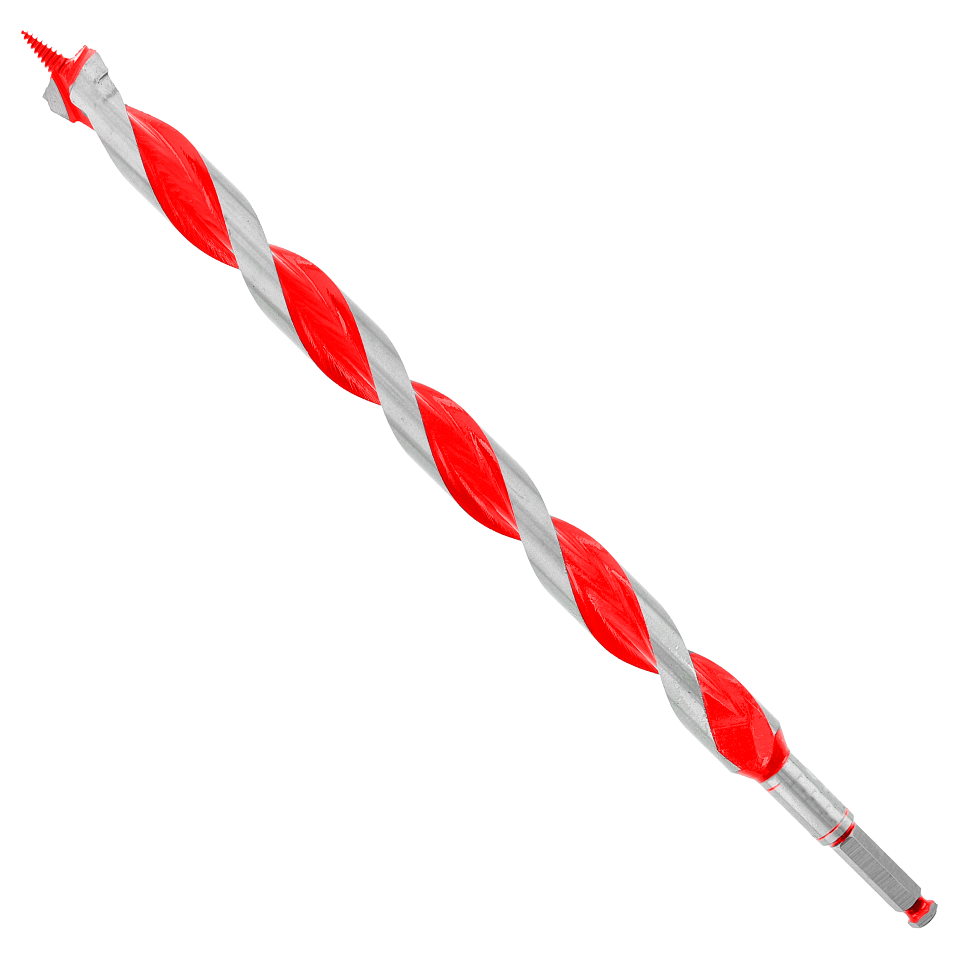 Auger bit with red and gray twisted flutes, pointed tip, and cylindrical shank against white background.