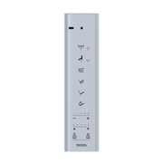 Silver rectangular remote control with multiple function buttons including wash, dry, heat, and user settings, marked with TO