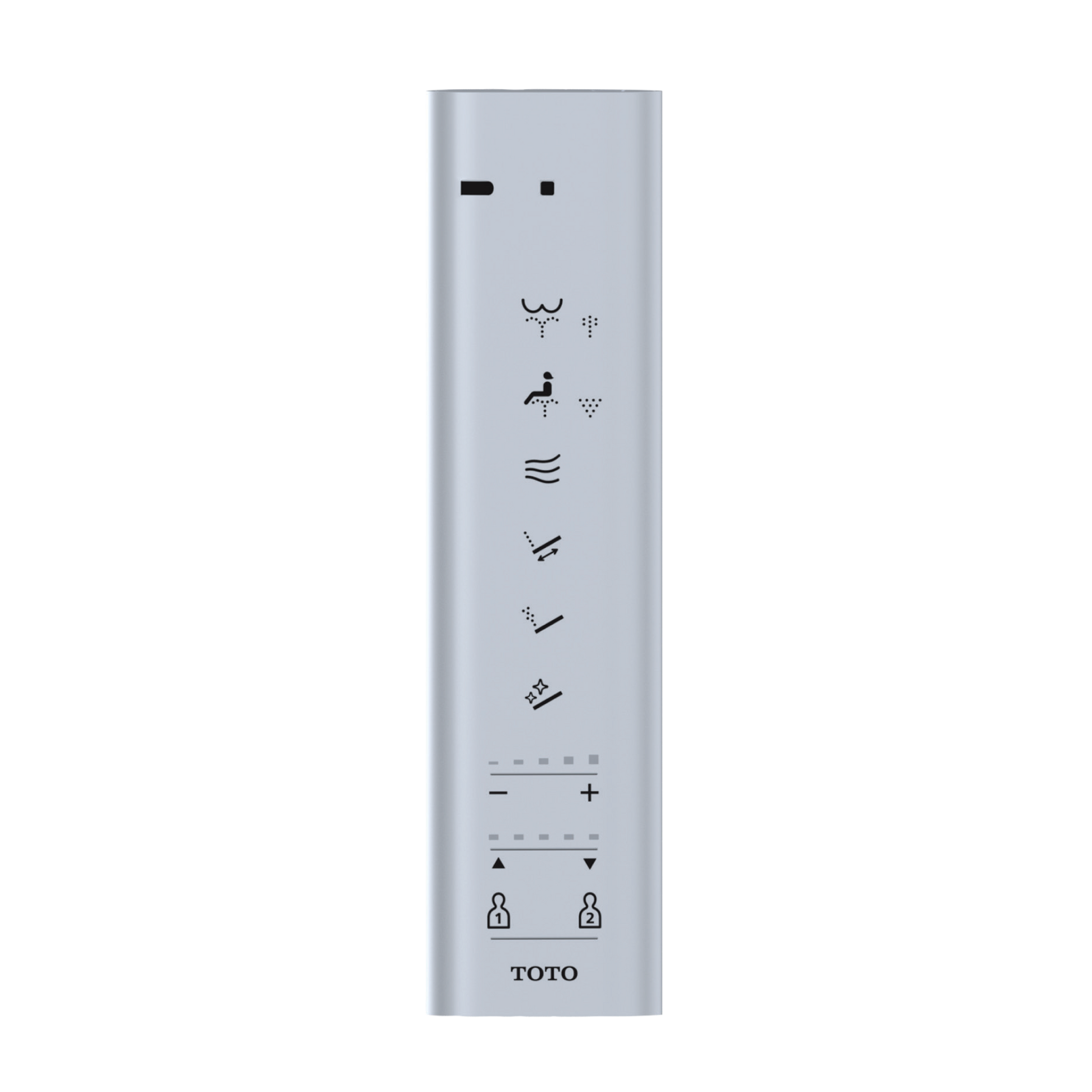 Silver rectangular remote control with multiple function buttons including wash, dry, heat, and user settings, marked with TO