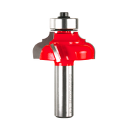 Red and silver classical cove router bit with metal bearing and cutting edges on steel shank.