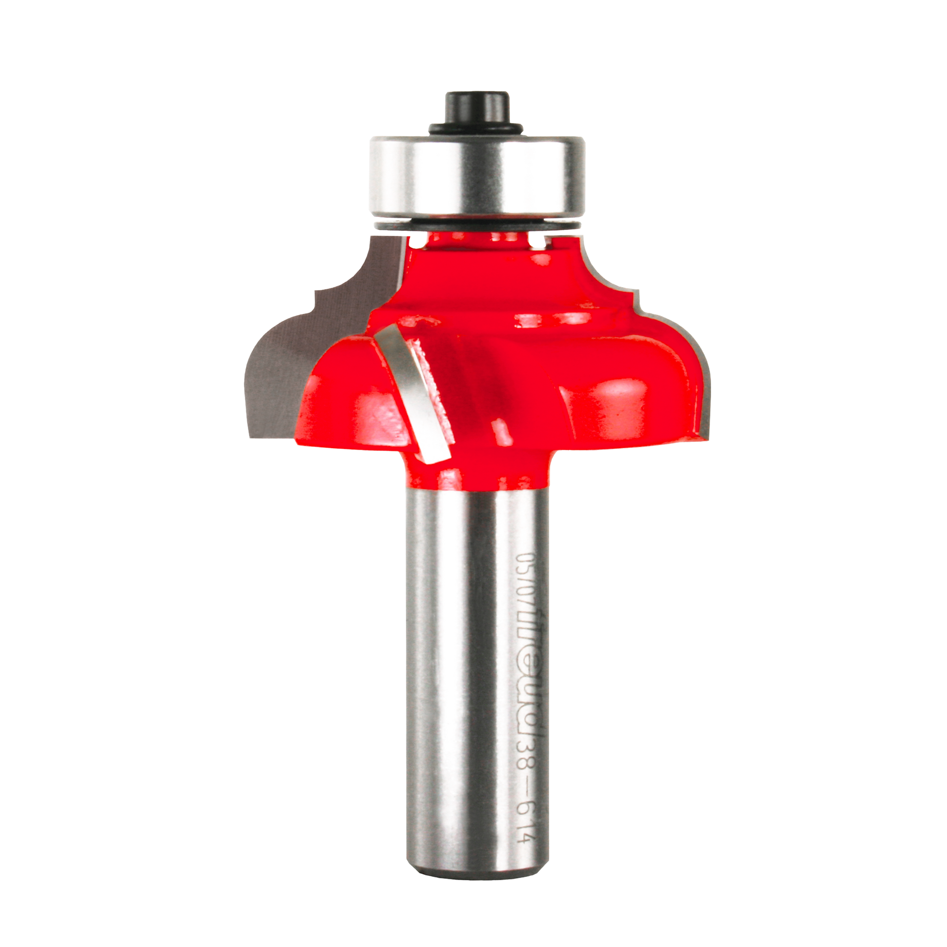 Red and silver classical cove router bit with metal bearing and cutting edges on steel shank.
