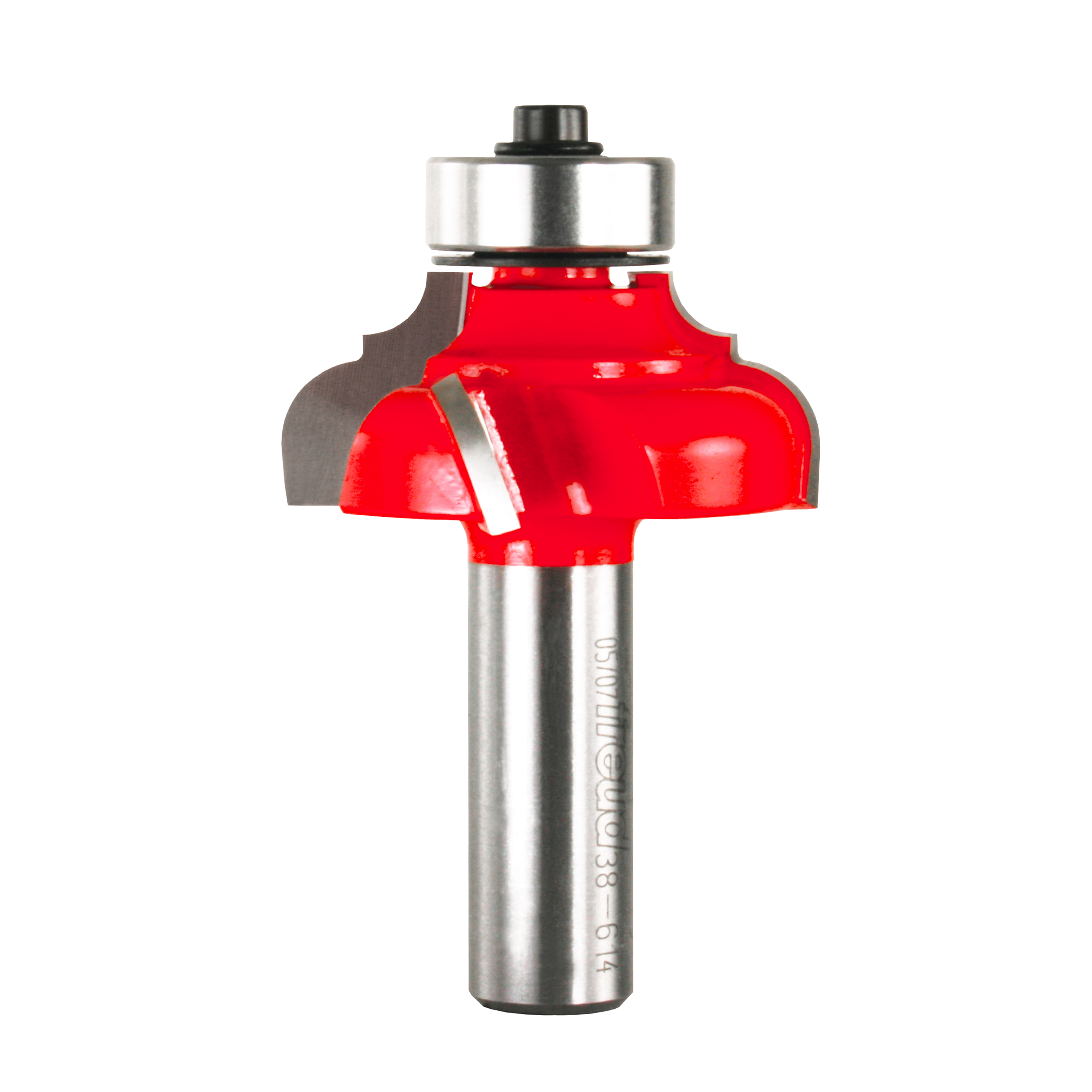Red and silver classical cove router bit with metal bearing and cutting edges on steel shank.