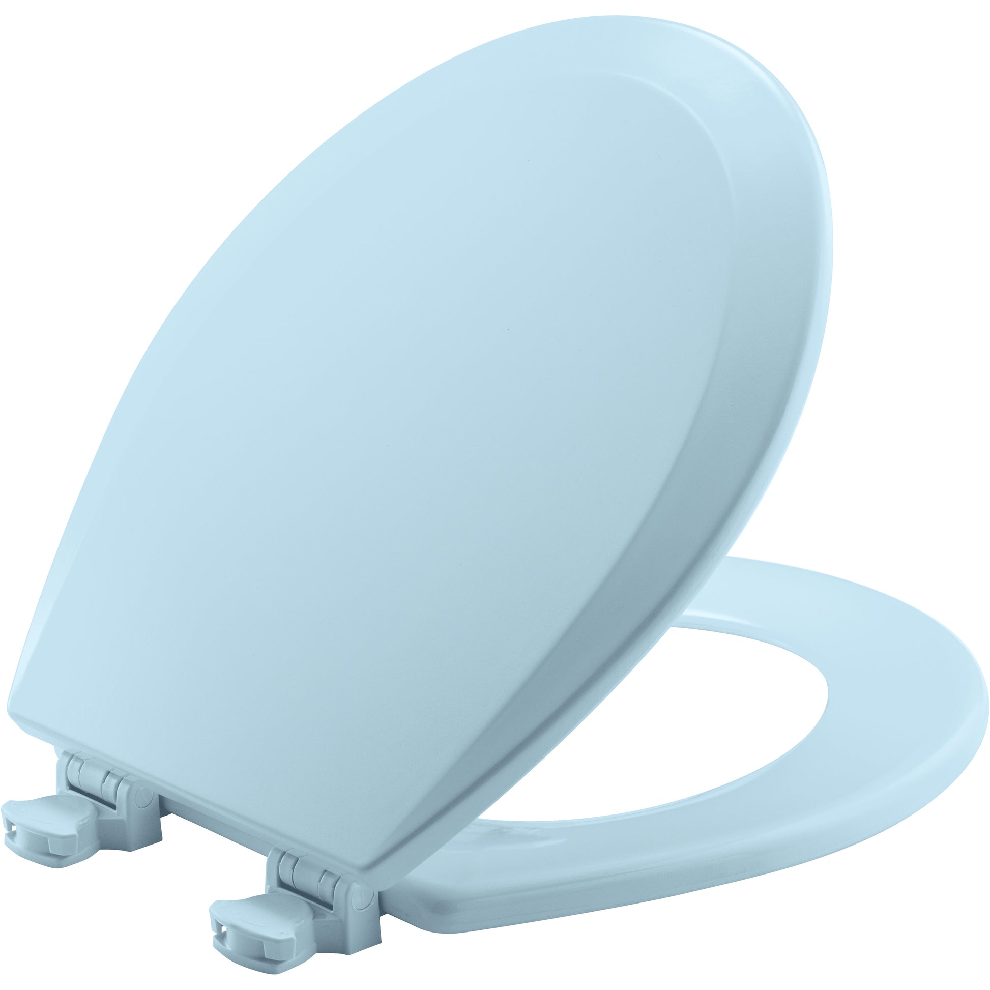 Light blue round wooden toilet seat with hinges on lower side.