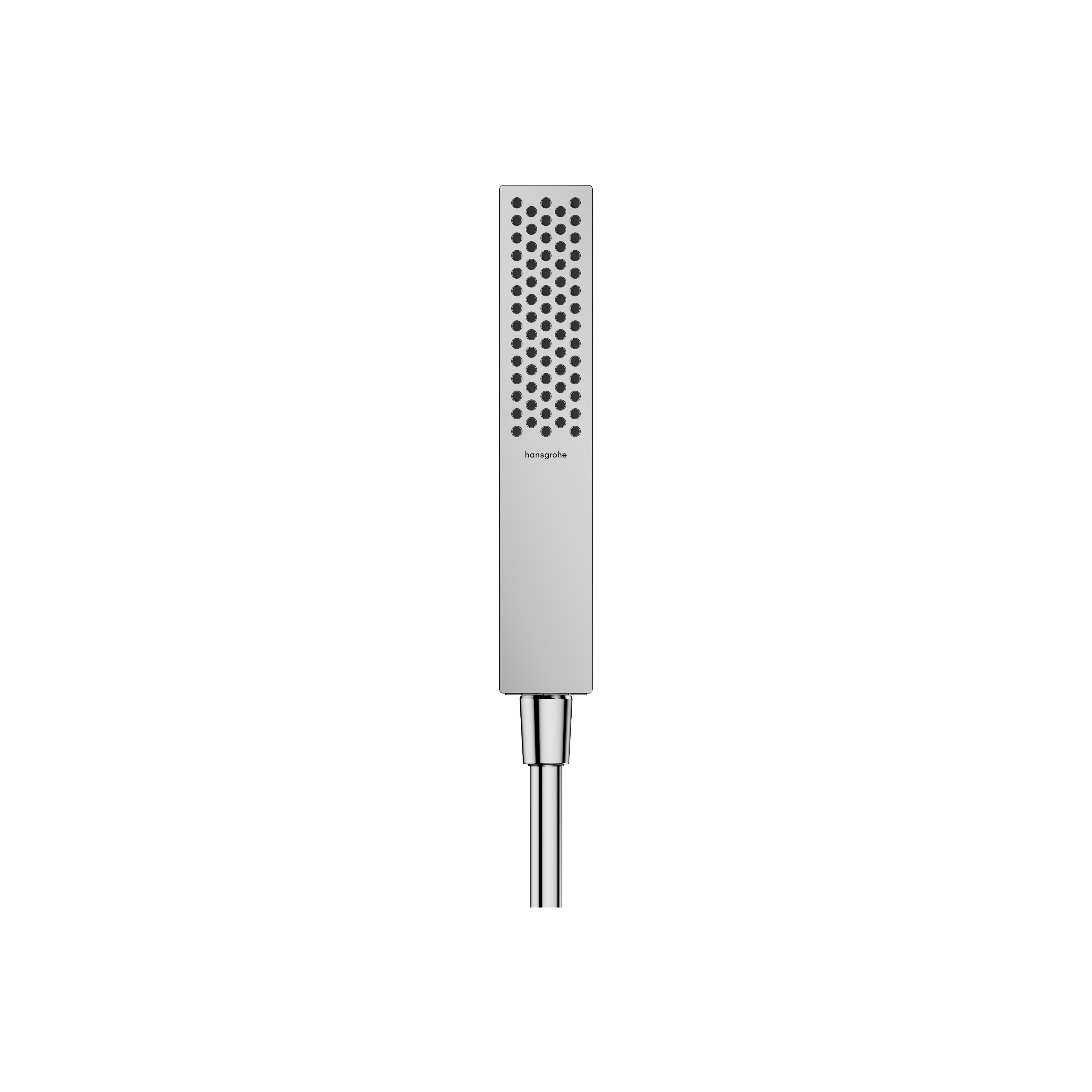 Chrome handheld shower head with rectangular perforated face and connecting hose.