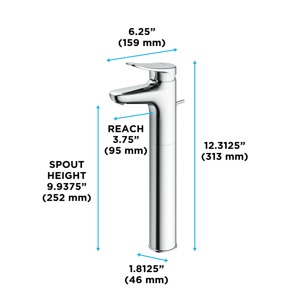 Polished chrome single-handle vessel sink faucet with curved spout and tall cylindrical body, shown with dimension measuremen