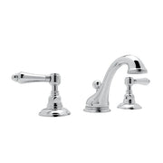 Polished chrome widespread bathroom faucet with curved center spout and lever handles on round bases.