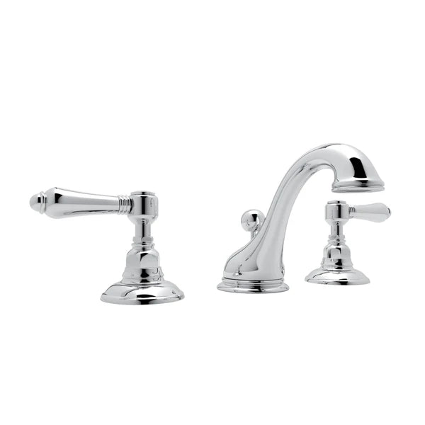 Polished chrome widespread bathroom faucet with curved center spout and lever handles on round bases.