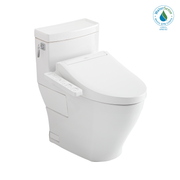White one-piece elongated toilet with integrated bidet seat and control panel on the side.